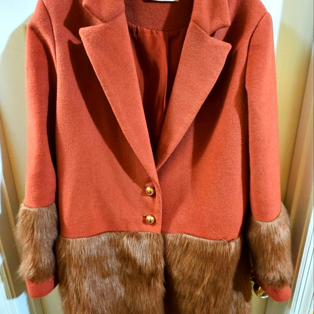 Anthropologie Keepsake Wool and Faux Fur Coat - X-Large Reddish Orange - Picture 6 of 15